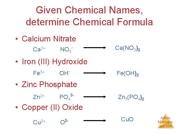 Given Chemical Names, determine Chemical Formula • Calcium Nitrate Ca 2+ NO 3 -