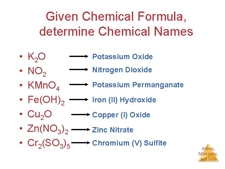 Given Chemical Formula, determine Chemical Names • • K 2 O NO 2 KMn.