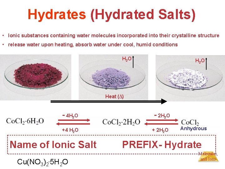 Hydrates (Hydrated Salts) • Ionic substances containing water molecules incorporated into their crystalline structure