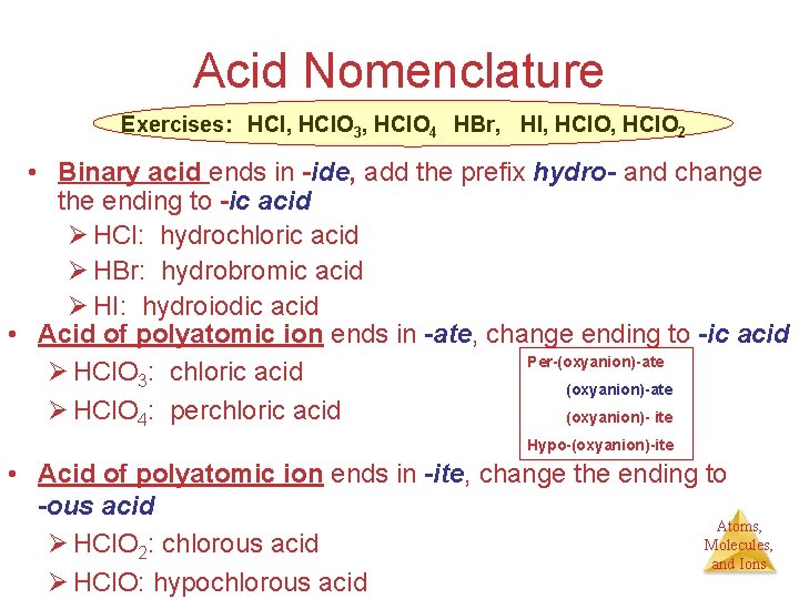 Acid Nomenclature Exercises: HCl, HCl. O 3, HCl. O 4 HBr, HI, HCl. O