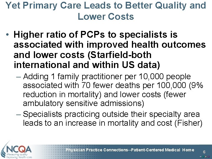 Yet Primary Care Leads to Better Quality and Lower Costs • Higher ratio of