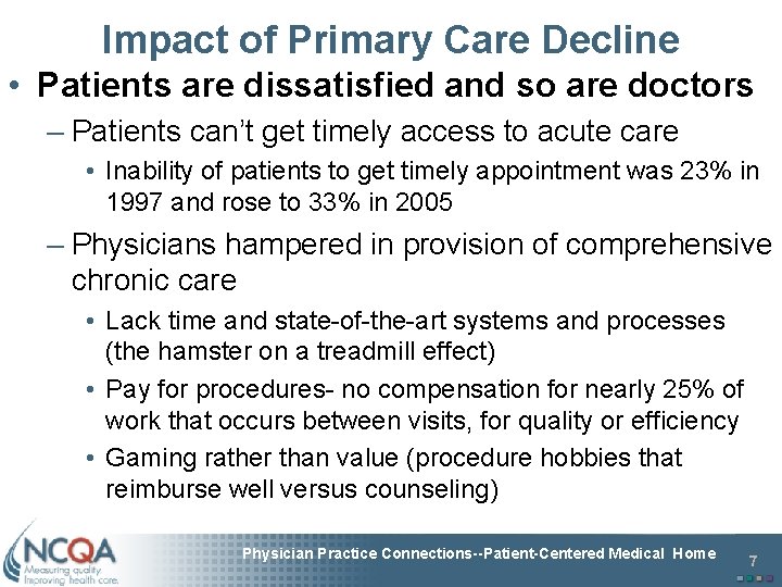 Impact of Primary Care Decline • Patients are dissatisfied and so are doctors –