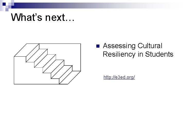 What’s next… n Assessing Cultural Resiliency in Students http: //e 3 ed. org/ 