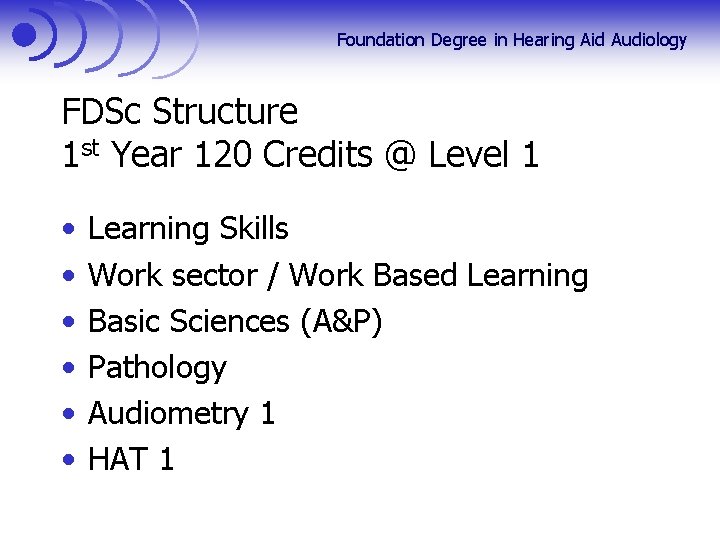 Foundation Degree in Hearing Aid Audiology FDSc Structure 1 st Year 120 Credits @