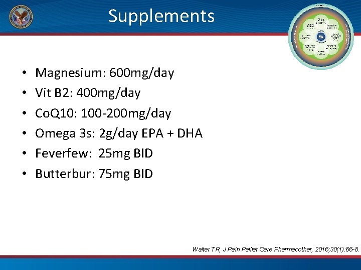 Supplements • • • Magnesium: 600 mg/day Vit B 2: 400 mg/day Co. Q