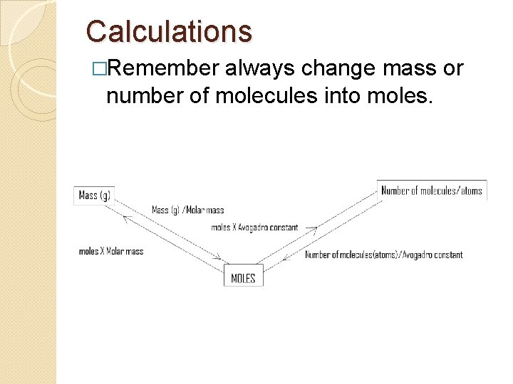 Calculations �Remember always change mass or number of molecules into moles. 