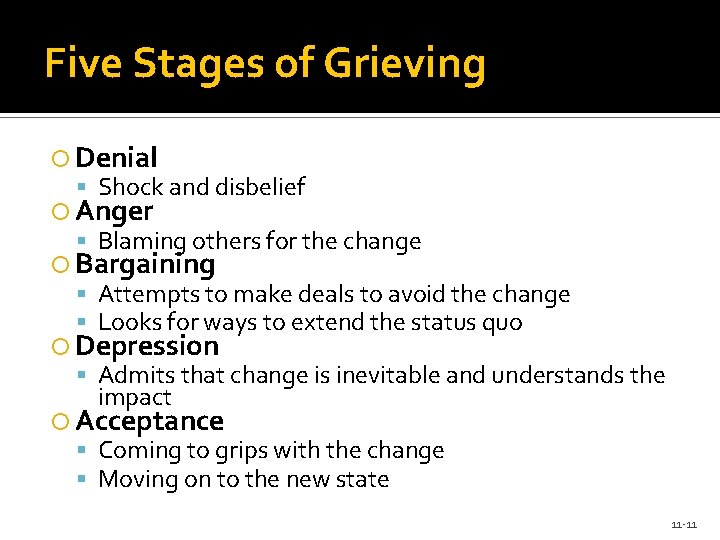 Five Stages of Grieving Denial Shock and disbelief Anger Blaming others for the change