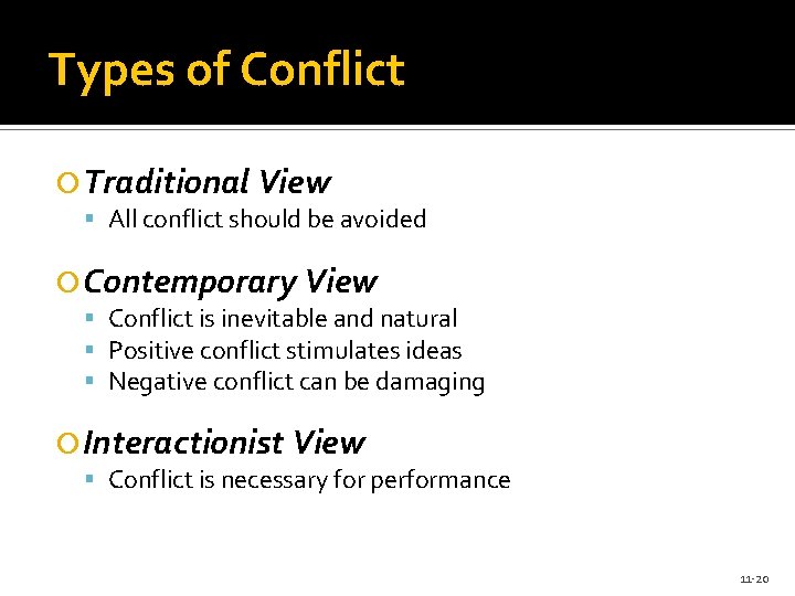 Types of Conflict Traditional View All conflict should be avoided Contemporary View Conflict is