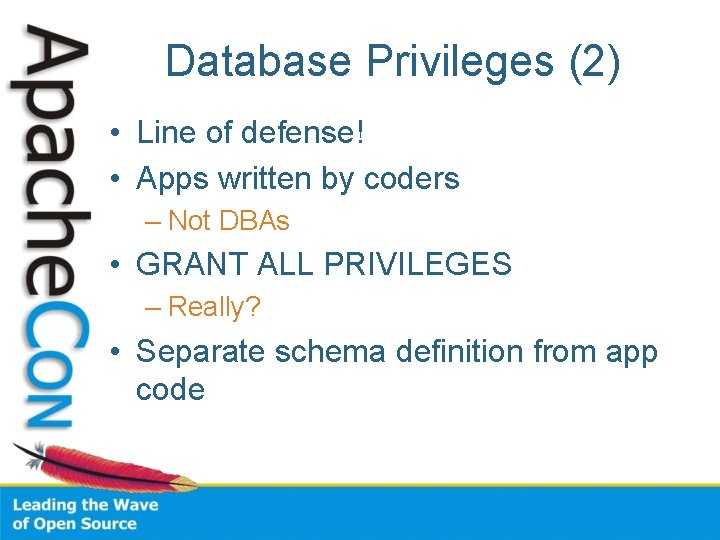 Database Privileges (2) • Line of defense! • Apps written by coders – Not