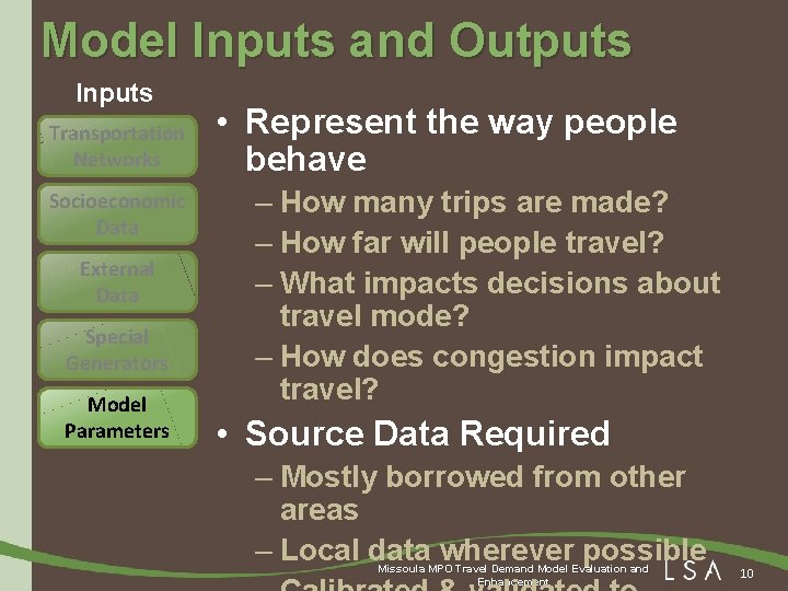 Model Inputs and Outputs Inputs Transportation Networks Socioeconomic Data External Data Special Generators Model