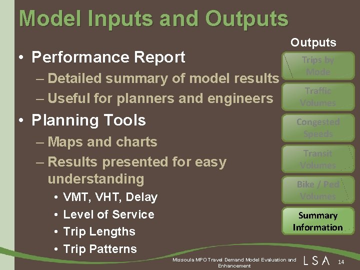 Model Inputs and Outputs • Performance Report Outputs Trips by Mode – Detailed summary