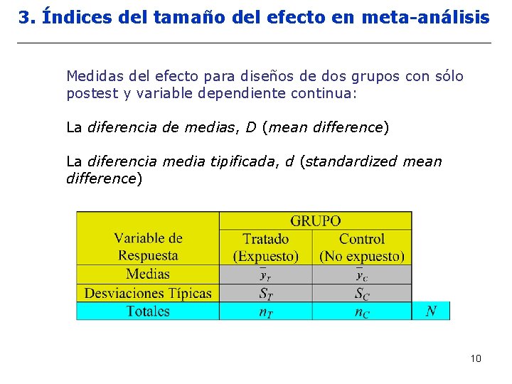 3. Índices del tamaño del efecto en meta-análisis Medidas del efecto para diseños de