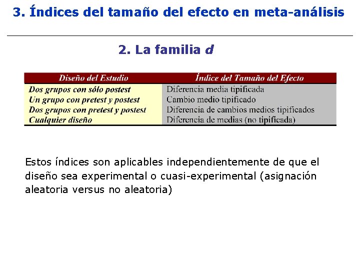 3. Índices del tamaño del efecto en meta-análisis 2. La familia d Estos índices