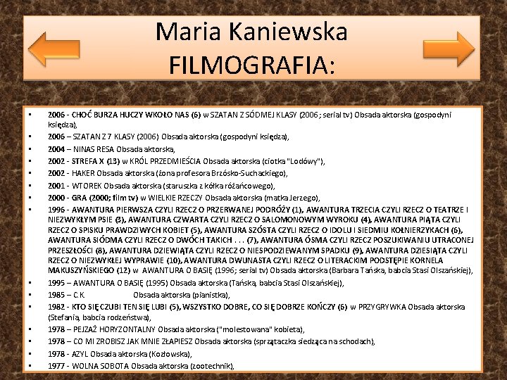 Maria Kaniewska FILMOGRAFIA: • • • • 2006 - CHOĆ BURZA HUCZY WKOŁO NAS