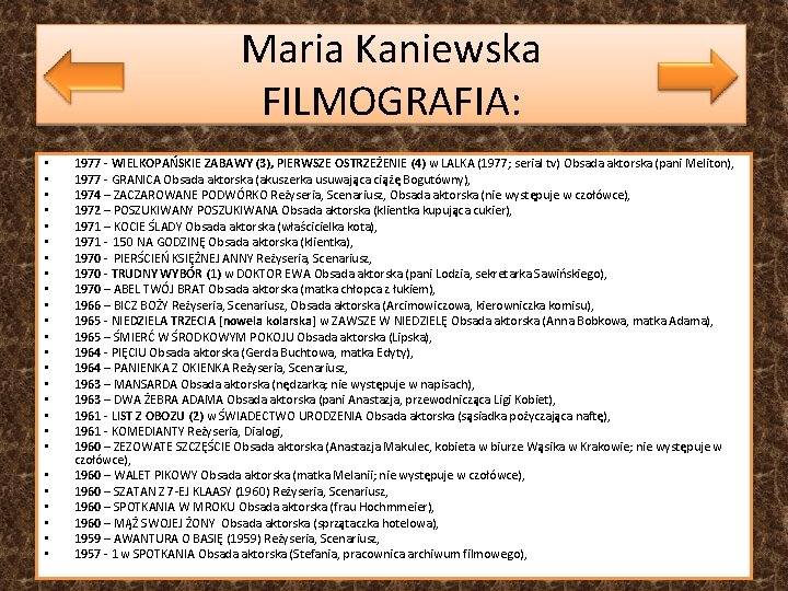 Maria Kaniewska FILMOGRAFIA: • • • • • • • 1977 - WIELKOPAŃSKIE ZABAWY