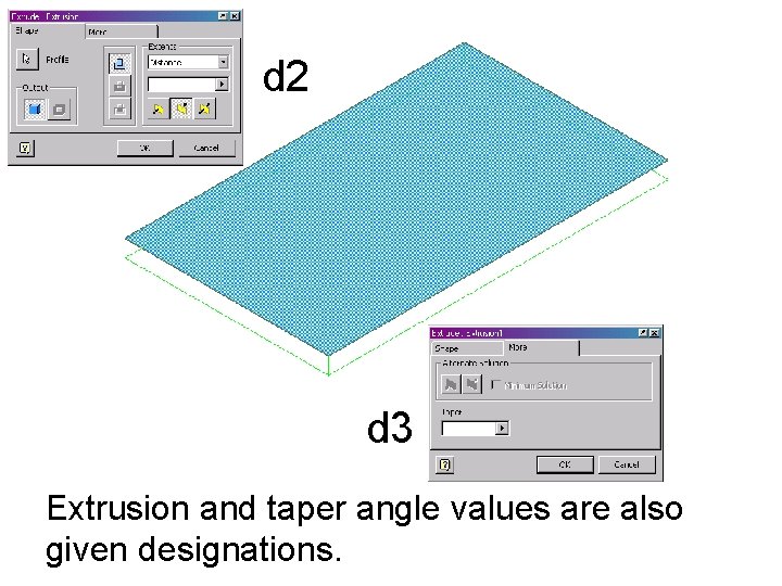 d 2 d 3 Extrusion and taper angle values are also given designations. d 2 d 3 Extrusion and taper angle values are also given designations.
