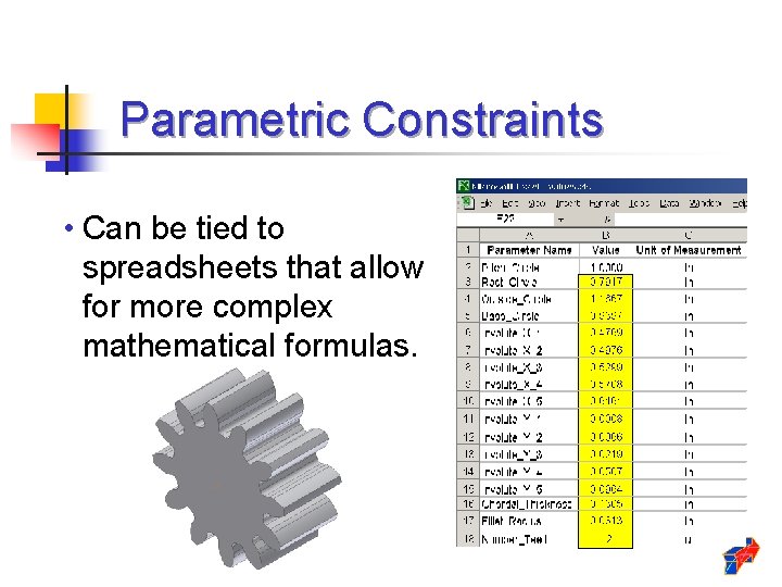 Parametric Constraints • Can be tied to spreadsheets that allow for more complex mathematical Parametric Constraints • Can be tied to spreadsheets that allow for more complex mathematical