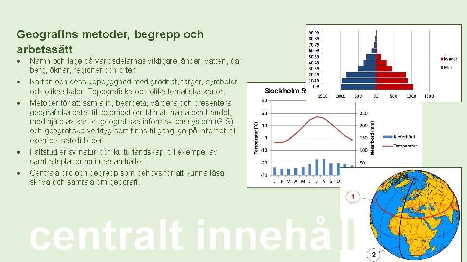 Geografins metoder, begrepp och arbetssätt Namn och läge på världsdelarnas viktigare länder, vatten, öar,