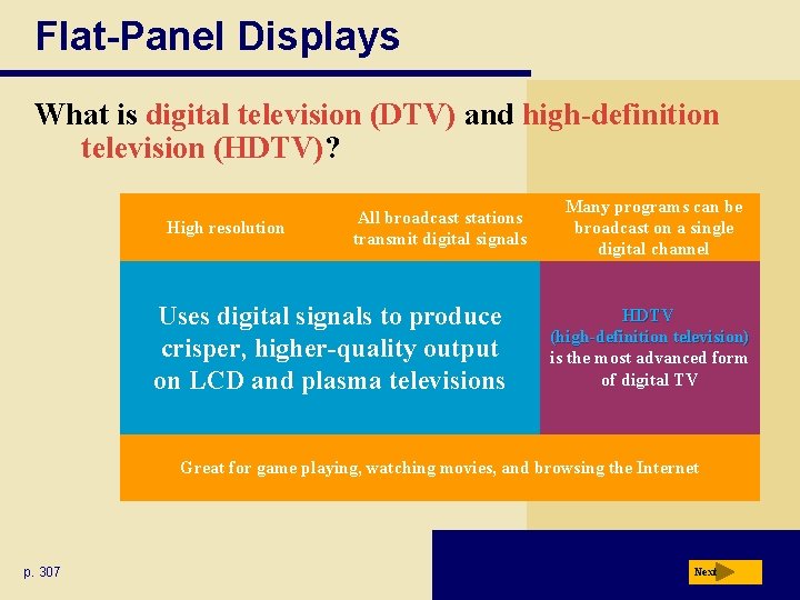 Flat-Panel Displays What is digital television (DTV) and high-definition television (HDTV)? High resolution All