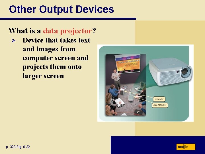 Other Output Devices What is a data projector? Ø Device that takes text and