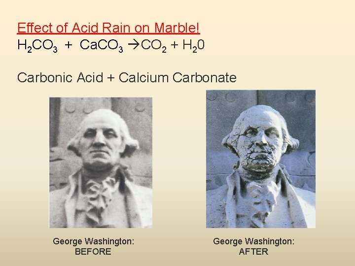 Effect of Acid Rain on Marble! H 2 CO 3 + Ca. CO 3
