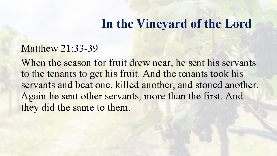 In the Vineyard of the Lord Matthew 21: 33 -39 When the season for