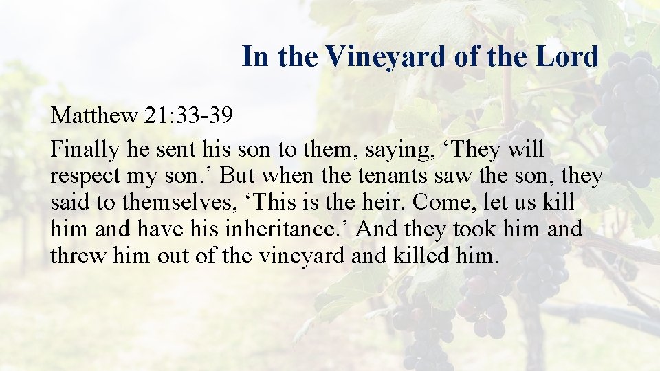 In the Vineyard of the Lord Matthew 21: 33 -39 Finally he sent his