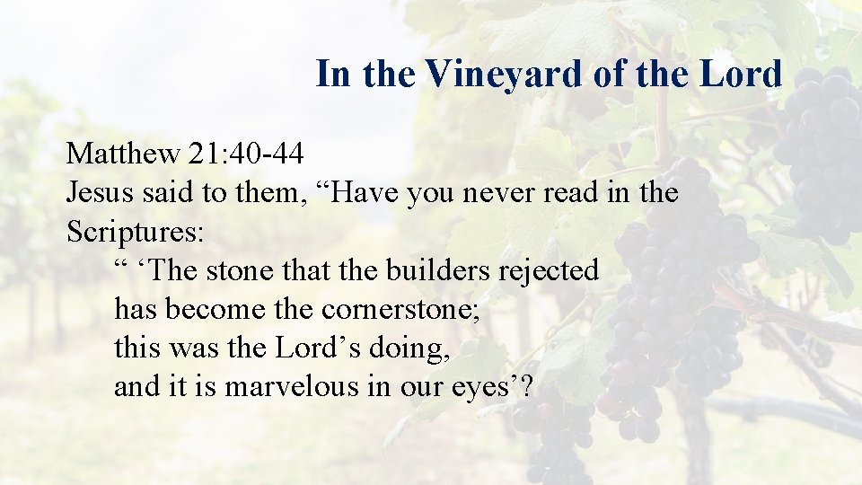 In the Vineyard of the Lord Matthew 21: 40 -44 Jesus said to them,