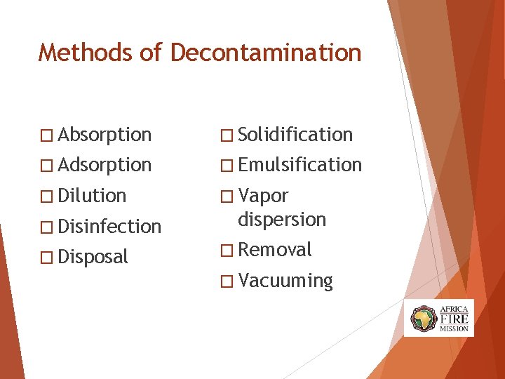 Methods of Decontamination � Absorption � Solidification � Adsorption � Emulsification � Dilution � Methods of Decontamination � Absorption � Solidification � Adsorption � Emulsification � Dilution �