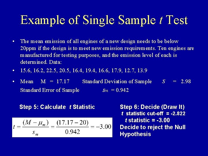 Example of Single Sample t Test • The mean emission of all engines of Example of Single Sample t Test • The mean emission of all engines of