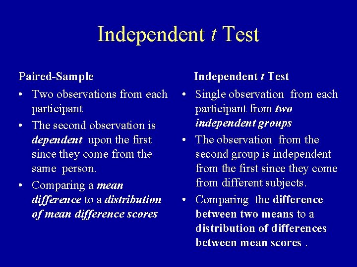 Independent t Test Paired-Sample • Two observations from each participant • The second observation