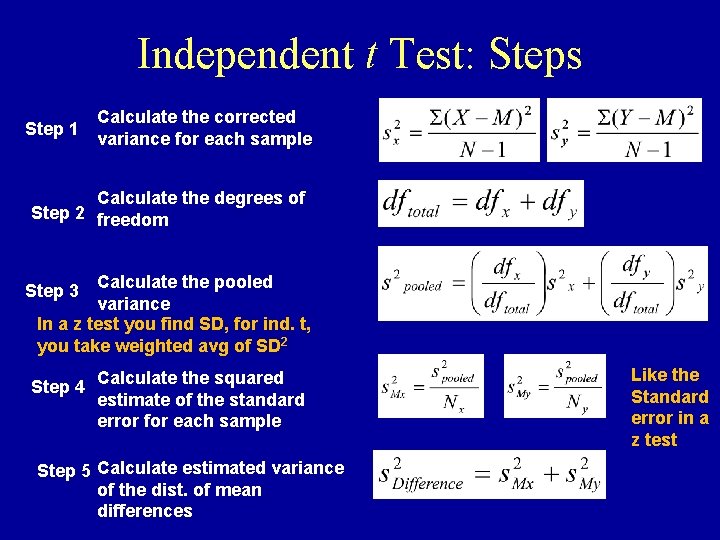 Independent t Test: Steps Step 1 Calculate the corrected variance for each sample Calculate Independent t Test: Steps Step 1 Calculate the corrected variance for each sample Calculate