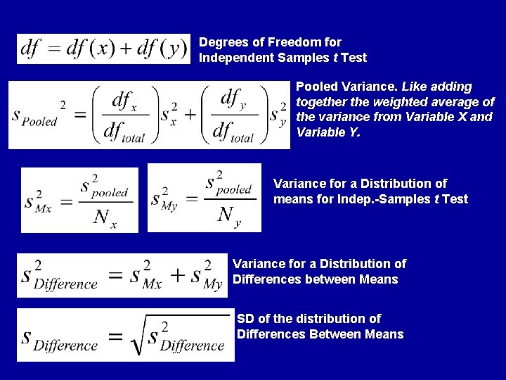 Degrees of Freedom for Independent Samples t Test Pooled Variance. Like adding together the Degrees of Freedom for Independent Samples t Test Pooled Variance. Like adding together the