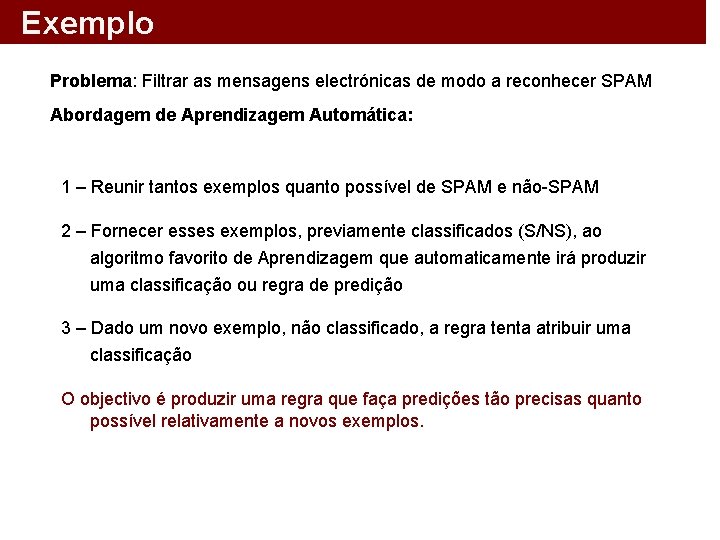 Exemplo Problema: Filtrar as mensagens electrónicas de modo a reconhecer SPAM Abordagem de Aprendizagem