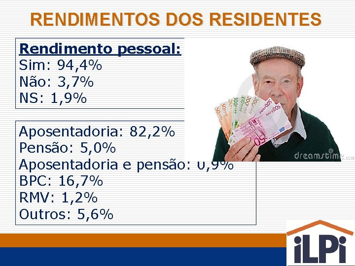 RENDIMENTOS DOS RESIDENTES Rendimento pessoal: Sim: 94, 4% Não: 3, 7% NS: 1, 9%