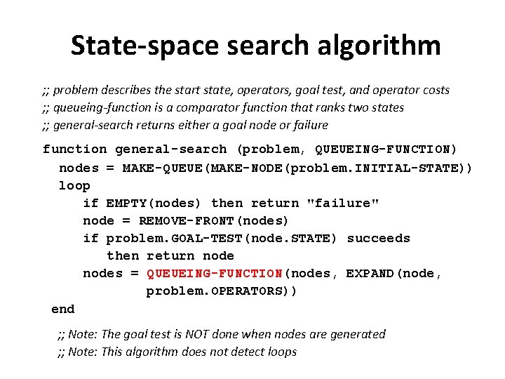 State-space search algorithm ; ; problem describes the start state, operators, goal test, and