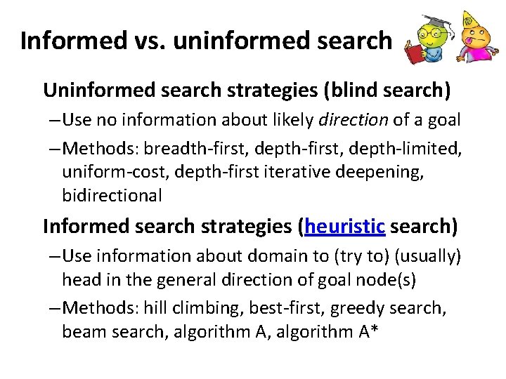 Informed vs. uninformed search Uninformed search strategies (blind search) – Use no information about