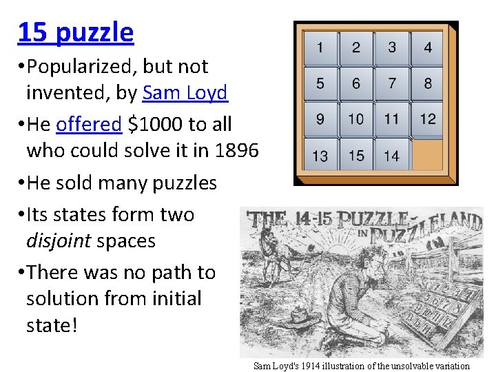 15 puzzle • Popularized, but not invented, by Sam Loyd • He offered $1000