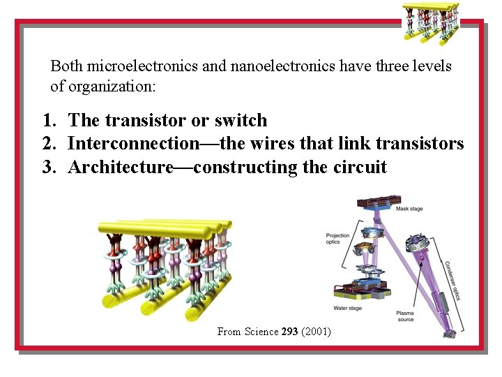 Both microelectronics and nanoelectronics have three levels of organization: 1. The transistor or switch