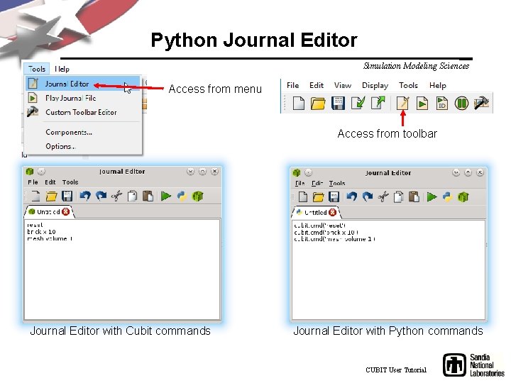 Python Journal Editor Simulation Modeling Sciences Access from menu Access from toolbar Journal Editor