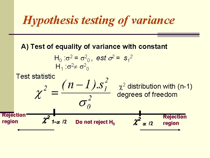 Hypothesis testing of variance A) Test of equality of variance with constant H 0