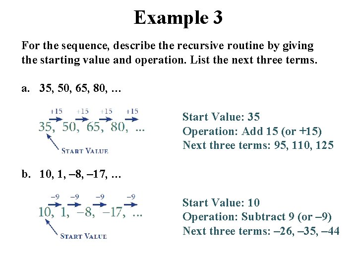 Example 3 For the sequence, describe the recursive routine by giving the starting value Example 3 For the sequence, describe the recursive routine by giving the starting value