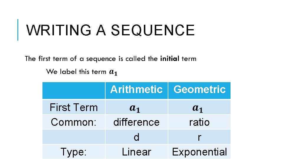 WRITING A SEQUENCE Arithmetic Geometric First Term Common: Type: difference d Linear ratio r