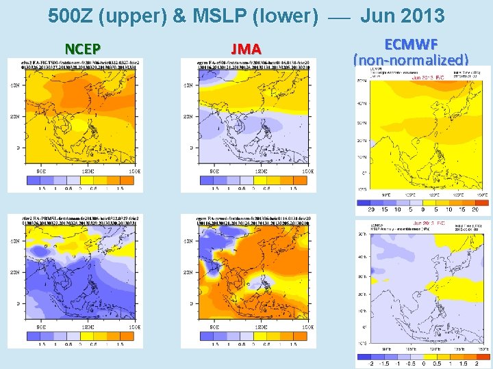 500 Z (upper) & MSLP (lower) Jun 2013 NCEP JMA ECMWF (non-normalized) 10 