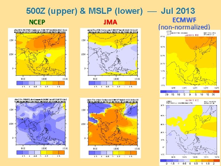 500 Z (upper) & MSLP (lower) Jul 2013 NCEP JMA ECMWF (non-normalized) 12 