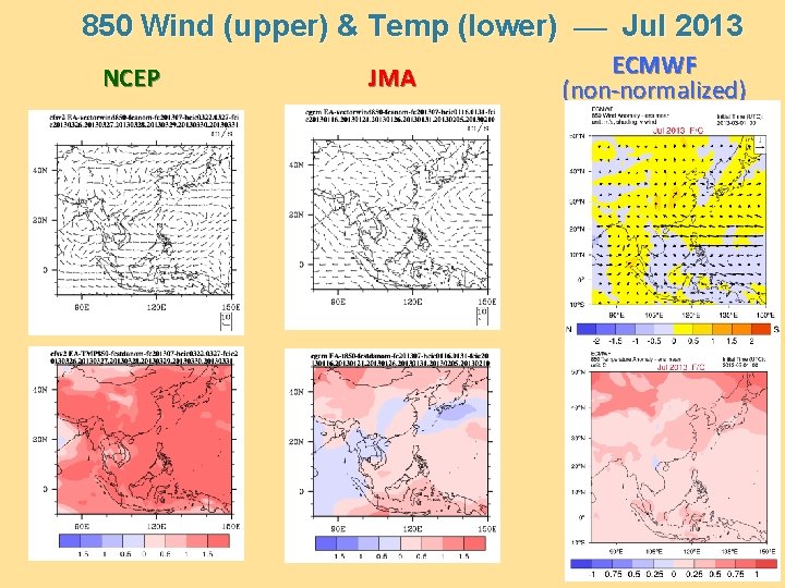 850 Wind (upper) & Temp (lower) Jul 2013 NCEP JMA ECMWF (non-normalized) 13 