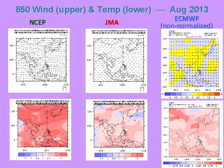 850 Wind (upper) & Temp (lower) Aug 2013 NCEP JMA ECMWF (non-normalized) 15 