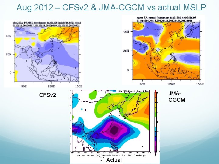 Aug 2012 – CFSv 2 & JMA-CGCM vs actual MSLP JMACGCM CFSv 2 Actual