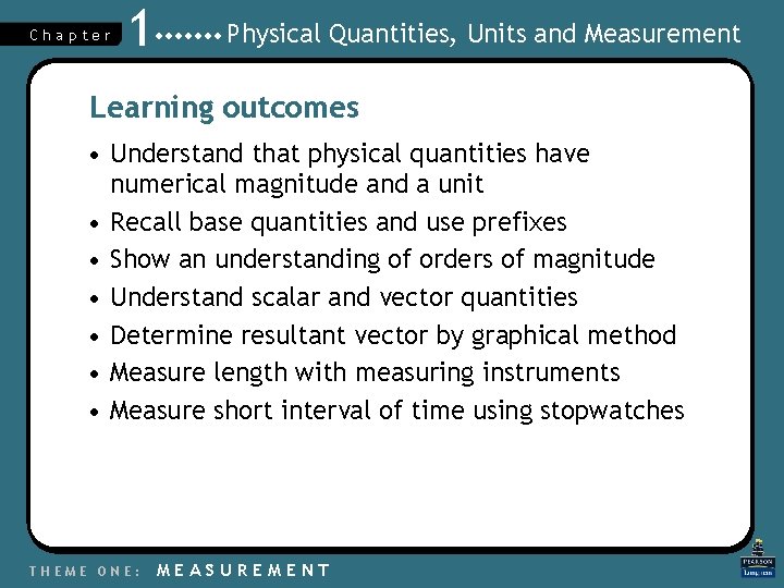 Chapter 1 Physical Quantities, Units and Measurement Learning outcomes • Understand that physical quantities