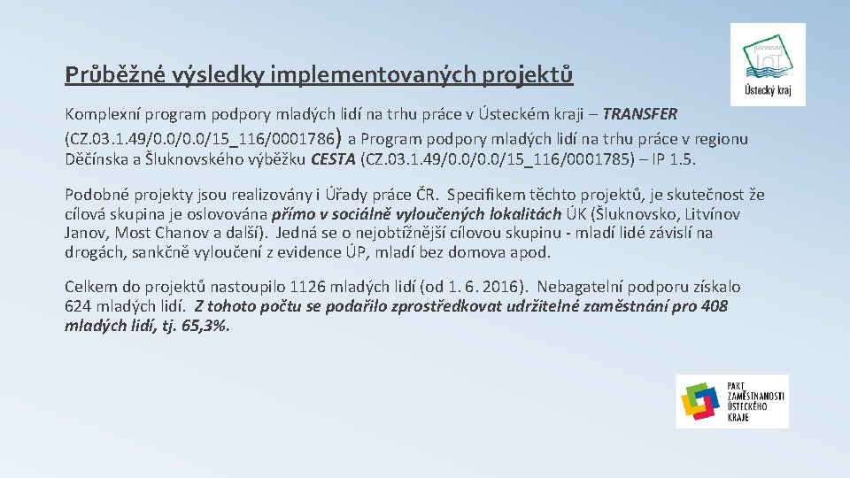 Průběžné výsledky implementovaných projektů Komplexní program podpory mladých lidí na trhu práce v Ústeckém